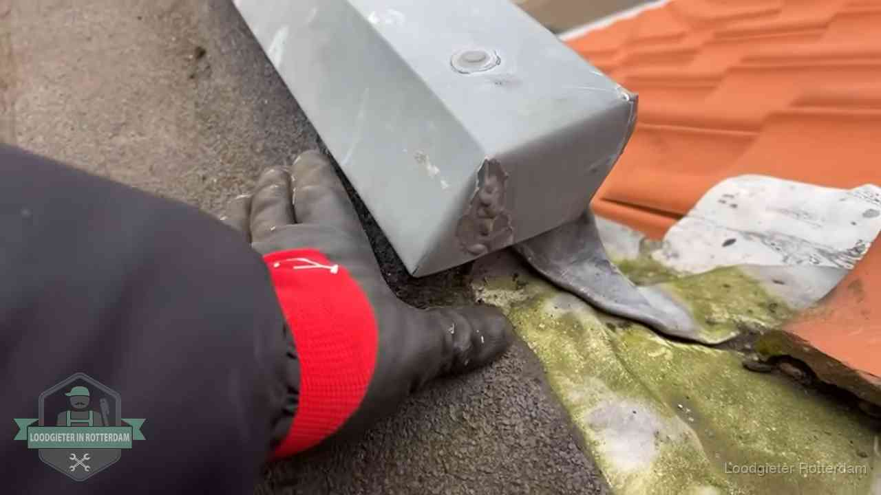 Hemelwaterafvoer en dakgoot controleren in Rotterdam Controle van een zinken hemelwaterafvoer met loodslab bij dakpannen in Rotterdam